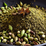 **

A close-up shot of colorful whole spices (cumin seeds, coriander seeds, cardamom pods) blooming in hot oil in a cast iron pan. Focus on the texture and vibrant colors of the spices and the sizzling oil. Emphasize the "blooming" process and the release of aromas. High-quality, food photography style.

**