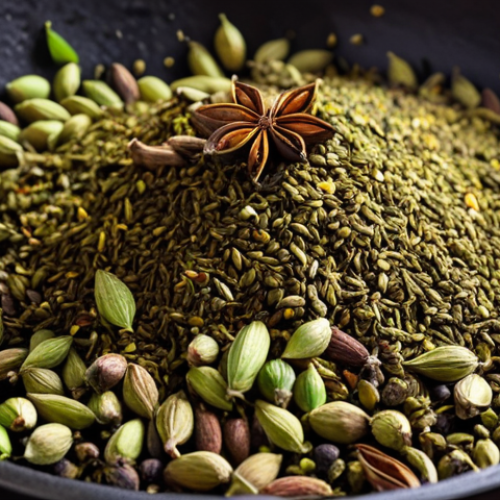**

A close-up shot of colorful whole spices (cumin seeds, coriander seeds, cardamom pods) blooming in hot oil in a cast iron pan. Focus on the texture and vibrant colors of the spices and the sizzling oil. Emphasize the "blooming" process and the release of aromas. High-quality, food photography style.

**