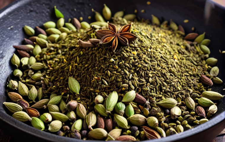 **

A close-up shot of colorful whole spices (cumin seeds, coriander seeds, cardamom pods) blooming in hot oil in a cast iron pan. Focus on the texture and vibrant colors of the spices and the sizzling oil. Emphasize the "blooming" process and the release of aromas. High-quality, food photography style.

**