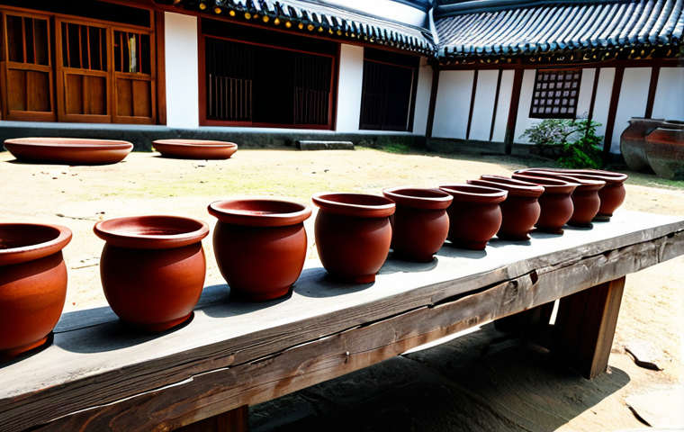 A serene scene with traditional Korean Jangdokdae clay pots, filled with fermenting Gochujang and Doenjang, bathed in warm, natural sunlight. The pots are arranged neatly in a tranquil outdoor courtyard of a traditional Korean house. Meju blocks (fermented soybean blocks) are visible drying on a simple wooden rack nearby, emphasizing the natural process. The setting evokes a sense of timeless tradition and culinary heritage. This image focuses solely on the objects and environment, with no human figures present. safe for work, appropriate content, fully clothed, modest clothing, professional dress, high quality, family-friendly, perfect anatomy, correct proportions, natural pose, well-formed hands, proper finger count, natural body proportions.