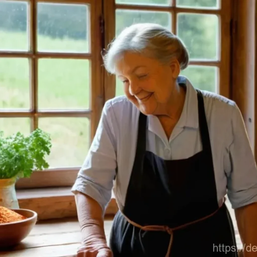 전통 조미료의 향과 맛을 잘 살리는 조리법 - **Prompt:** A heartwarming scene in a traditional German "Oma's" (grandmother's) kitchen. An older G...