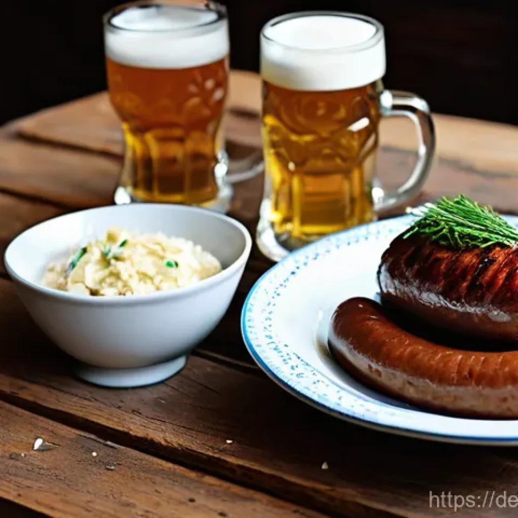 전통 조미료의 지역별 인기 요리 - **Bavarian Culinary Tradition:** A vibrant, rustic scene at a traditional Bavarian folk festival. In...