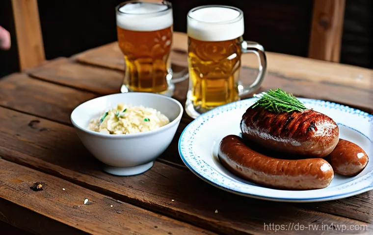 전통 조미료의 지역별 인기 요리 - **Bavarian Culinary Tradition:** A vibrant, rustic scene at a traditional Bavarian folk festival. In...