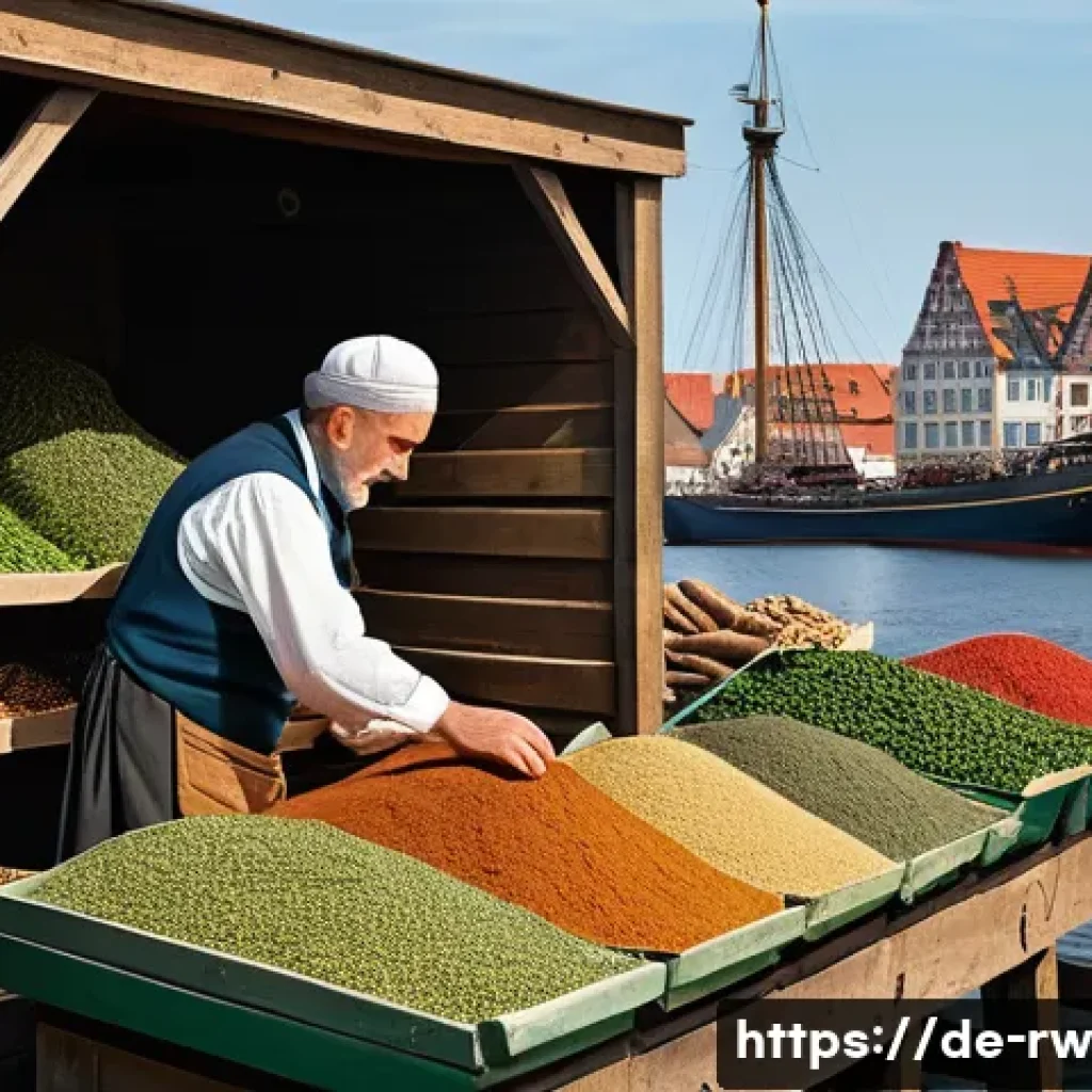 지역별 조미료의 역사적 배경 - **Hanseatic Spice Legacy in Northern Germany:**
A bustling historic harbor scene in a North Germ...