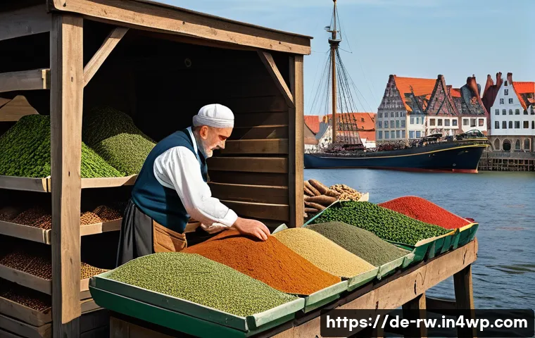 지역별 조미료의 역사적 배경 - **Hanseatic Spice Legacy in Northern Germany:**
A bustling historic harbor scene in a North Germ...