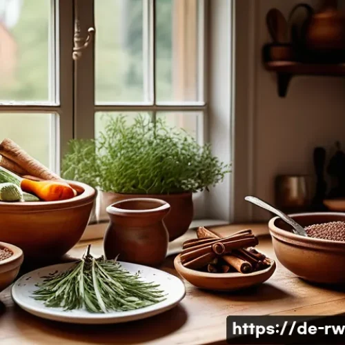 Home 32 전통 조미료를 활용한 창의적인 요리법 - A cozy German kitchen scene featuring a rustic wooden table with traditional spices like cinnamon st...