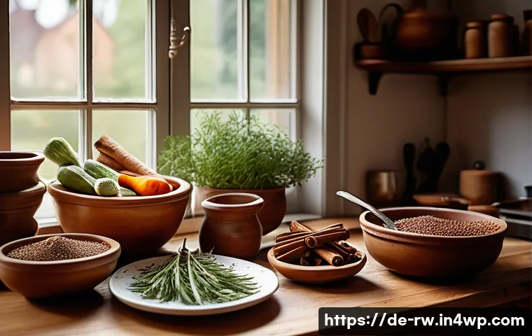 전통 조미료를 활용한 창의적인 요리법 - A cozy German kitchen scene featuring a rustic wooden table with traditional spices like cinnamon st...