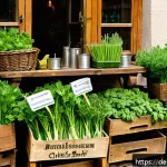 Home 18 상황별 전통 조미료 활용법 - A vibrant German farmers’ market scene in spring, showcasing fresh regional herbs like parsley, chiv...