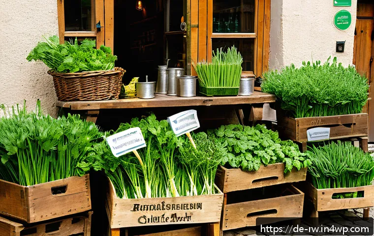 상황별 전통 조미료 활용법 - A vibrant German farmers’ market scene in spring, showcasing fresh regional herbs like parsley, chiv...