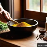 Home 23 유명 셰프의 전통 조미료 사용법 - A warm, rustic kitchen scene featuring a wooden table scattered with vibrant spices like turmeric, c...