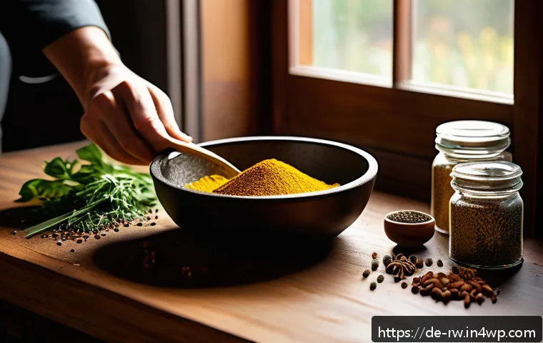 유명 셰프의 전통 조미료 사용법 - A warm, rustic kitchen scene featuring a wooden table scattered with vibrant spices like turmeric, c...