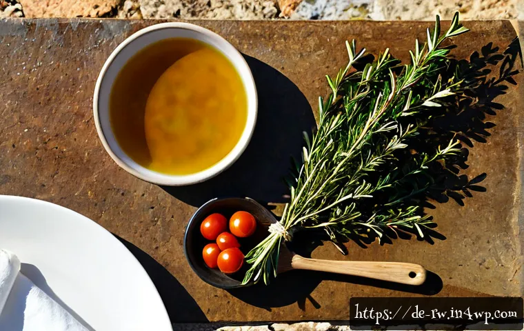 지중해 지역 조미 원칙과 풍미 - Photorealistic overhead Mediterranean cooking scene on a sunlit rustic stone kitchen counter, neatly...